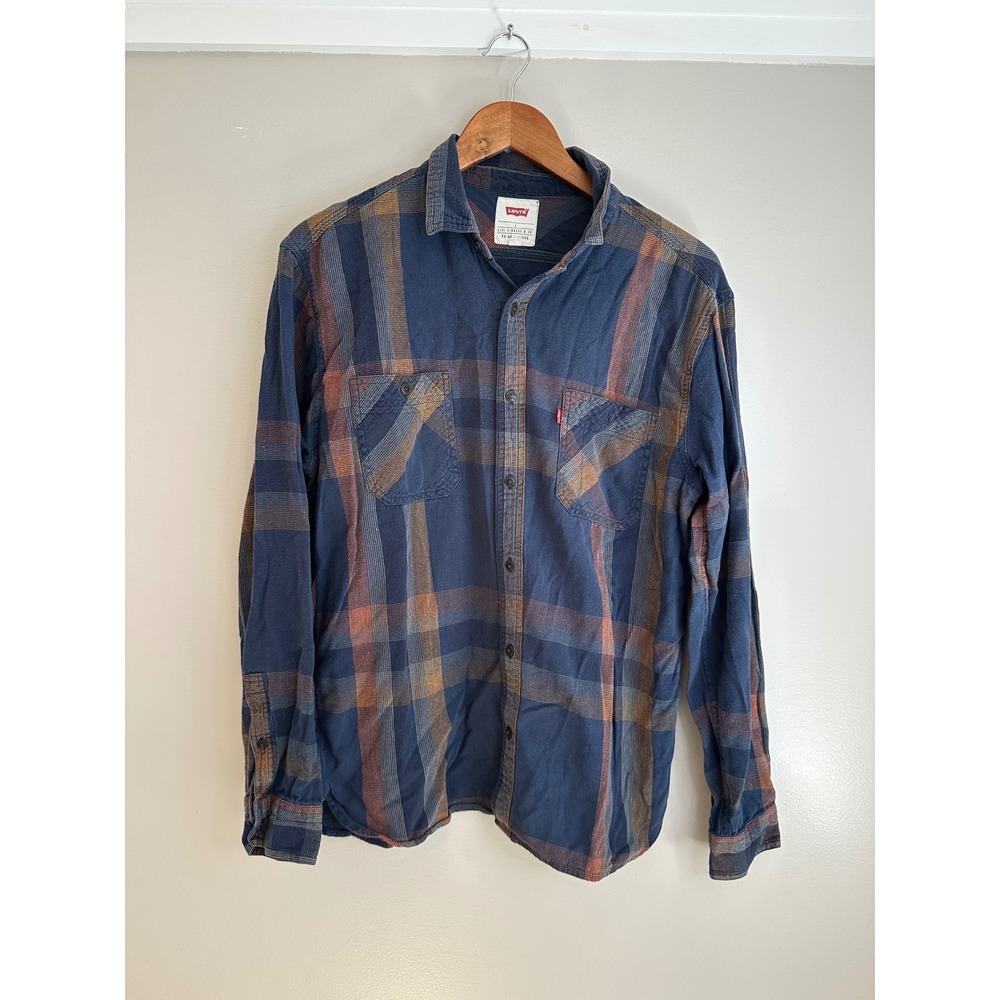 Levi's Flannel Button Up Mens L Blue Plaid EUC Rugged Cotton Long Sleeve Shirt